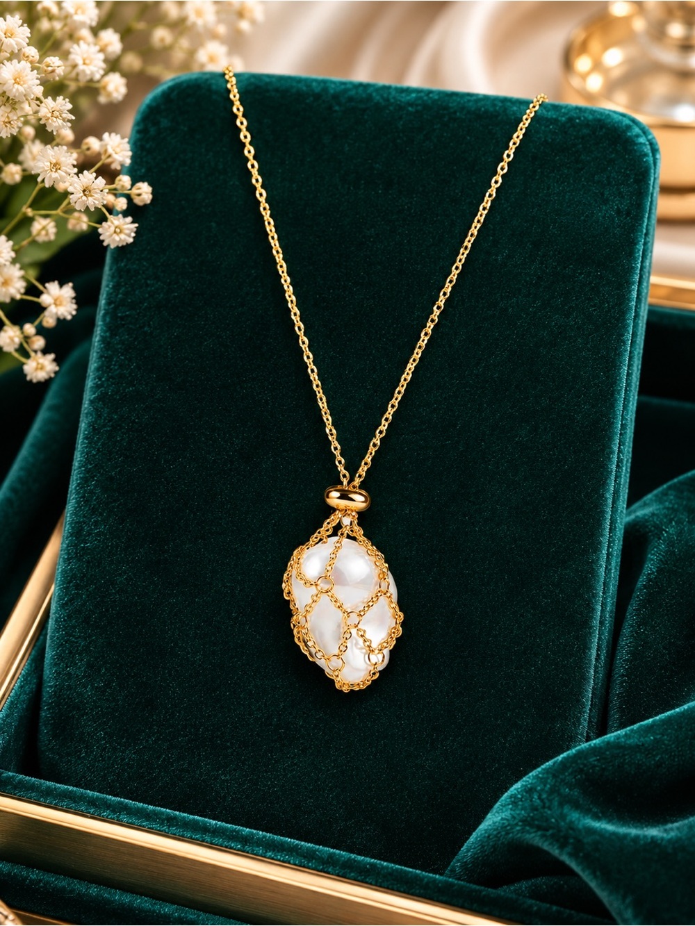 Gold Plated Pearl Cage Pendant Necklace - Women Jewelry